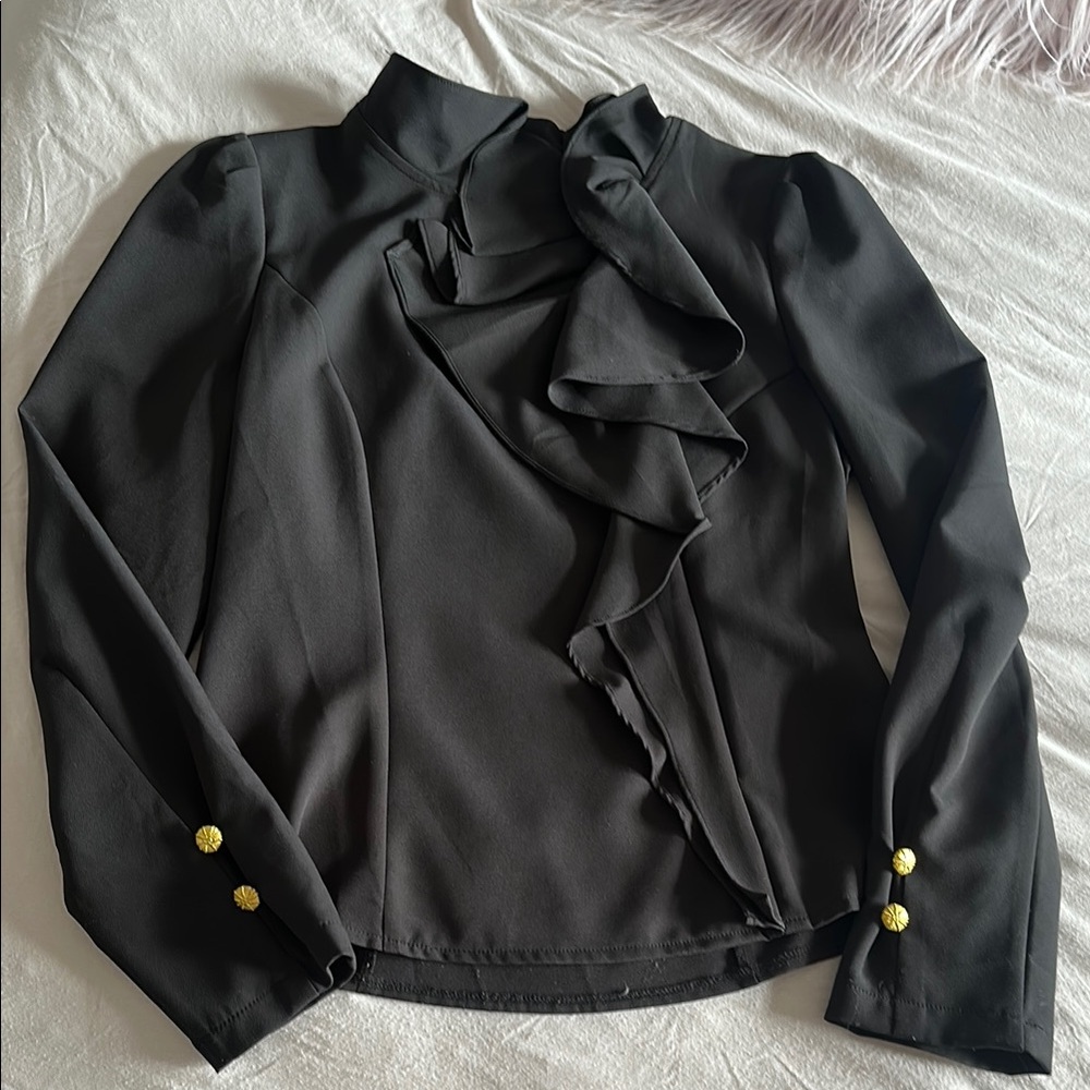 Chic Black Ruffle Front Blouse
